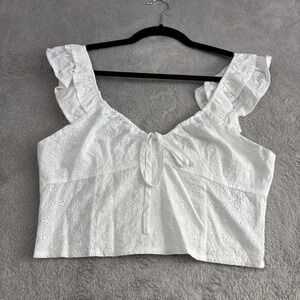 Beige‎ Botany Cropped Eyelet Ruffle Hem Babydoll Top Womens L Coquette Milkmaid